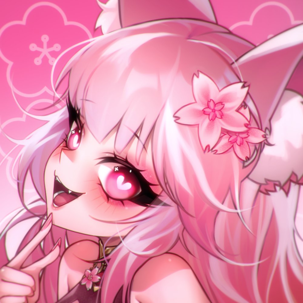 original, commentary, symbol-only commentary, 1girl, animal ear fluff, animal ears, bare shoulders, eyelashes, fang, flower, hair flower, hair ornament, heart, heart-shaped pupils, im monimon, long hair, looking at viewer, nail polish, open mouth, pink background, pink eyes, pink flower, pink hair, pink nails, pink theme, portrait, smile, solo, symbol-shaped pupils, symbol in eye, wispy bangs