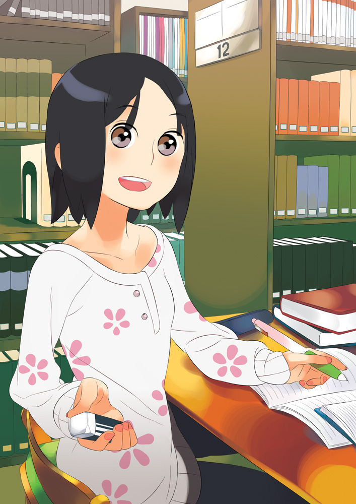 rakuraku, black hair, book, brown eyes, flower, library, pen, short hair, solo