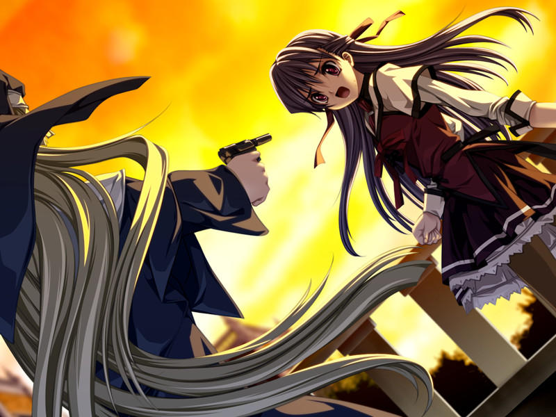 senomoto hisashi, sanada setsuko, sanada setsuku, sister lidia, koisuru otome to shugo no tate, game cg, 2girls, gun, handgun, multiple girls, nun, pantyhose, pistol, school uniform, serafuku, suppressor, weapon