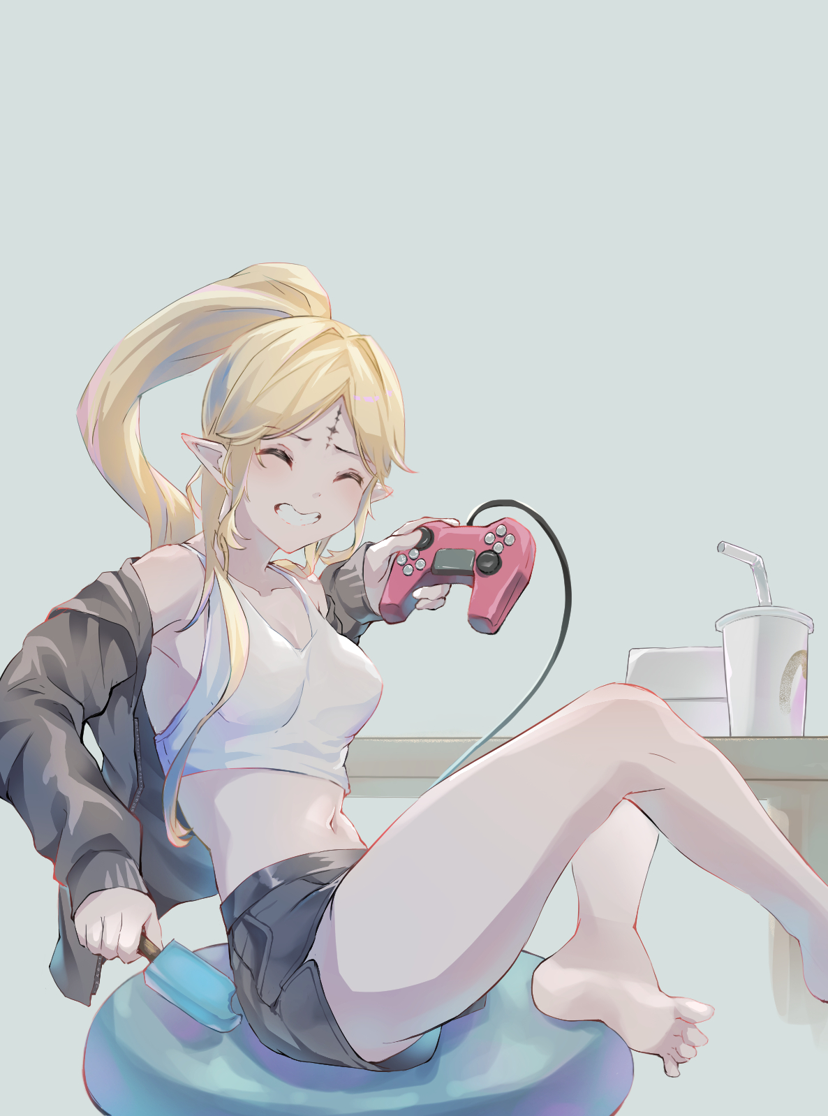 kiraboshi (kiraboshi-1025), cartethyia (wuthering waves), wuthering waves, commentary request, highres, 1girl, alternate costume, alternate hairstyle, bare legs, bare shoulders, barefoot, black shorts, blonde hair, breasts, closed eyes, collarbone, controller, crop top, cup, disposable cup, drinking straw, feet, food, game controller, grey jacket, grin, holding, holding controller, holding food, holding game controller, holding popsicle, jacket, long hair, looking at viewer, medium breasts, navel, off shoulder, parted bangs, pointy ears, ponytail, popsicle, shorts, sidelocks, smile, soles, solo, stomach, tacet mark (wuthering waves), tank top, thighs, toes, white tank top