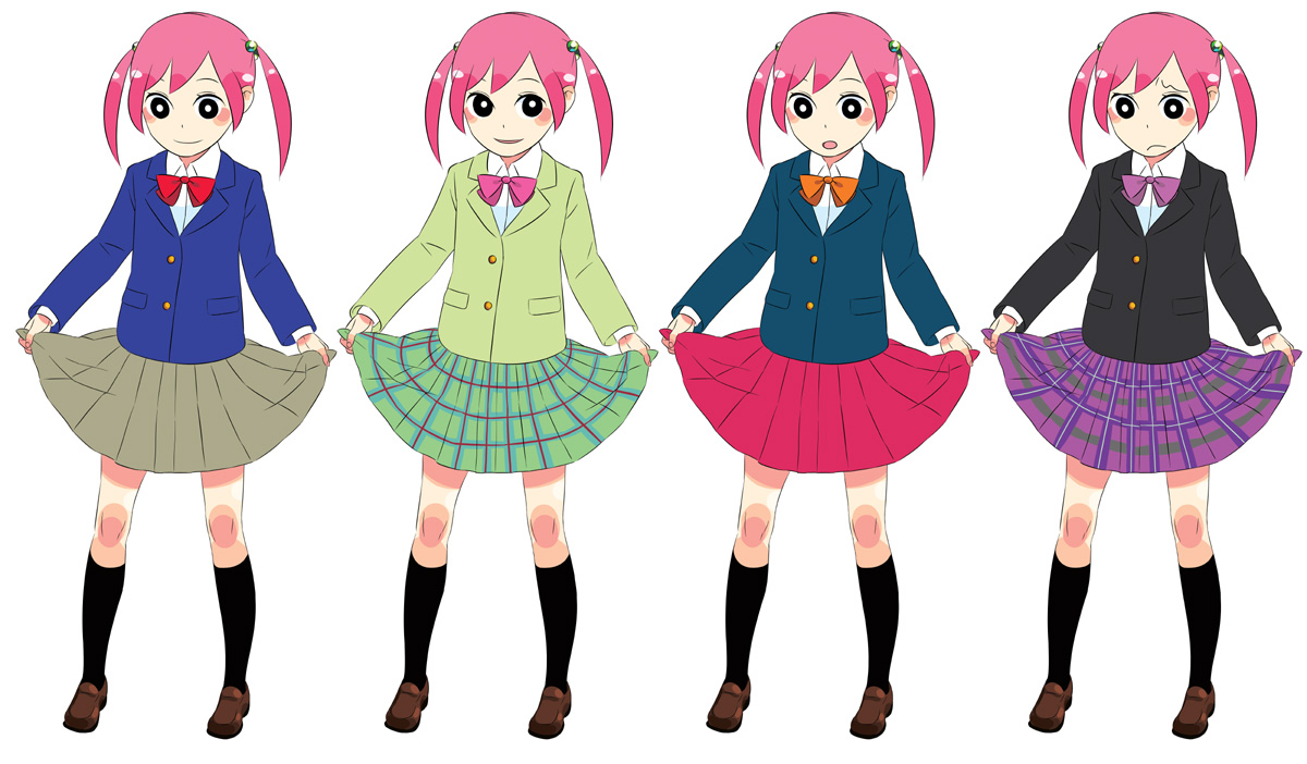 rakuraku, warhol, striped, fine art parody, parody, pink hair, school uniform, serafuku, skirt, thighhighs, twintails