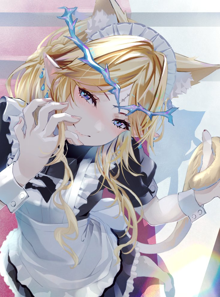 kiraboshi (kiraboshi-1025), cartethyia (wuthering waves), wuthering waves, commentary request, 1girl, alternate costume, animal ear fluff, animal ears, apron, black dress, blue eyes, blush, breasts, cat ears, cat girl, cat tail, closed mouth, crown of thorns, dress, earrings, enmaided, fingernails, hand up, head tilt, jewelry, kemonomimi mode, looking at viewer, maid, maid headdress, medium breasts, multiple earrings, parted bangs, pointy ears, sidelocks, smile, solo, tacet mark (wuthering waves), tail
