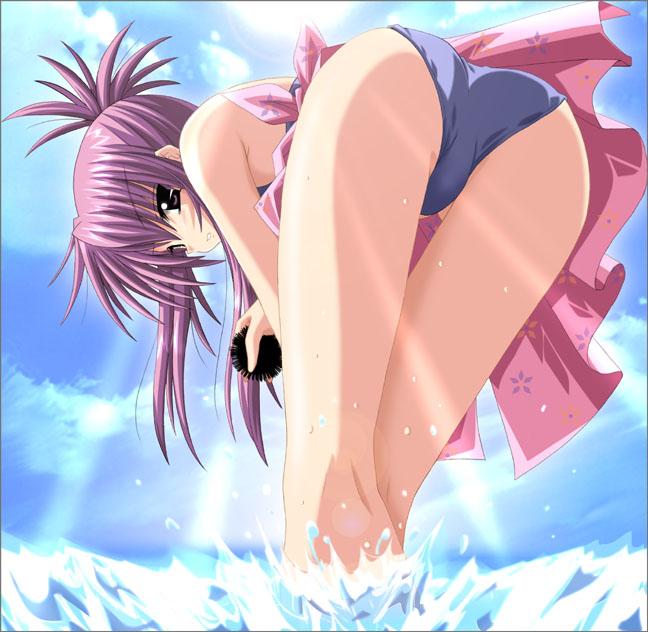 chikage (sister princess), sister princess, 00s, ass, bent over, legs, long hair, ocean, purple hair, solo, swimsuit, water, wet