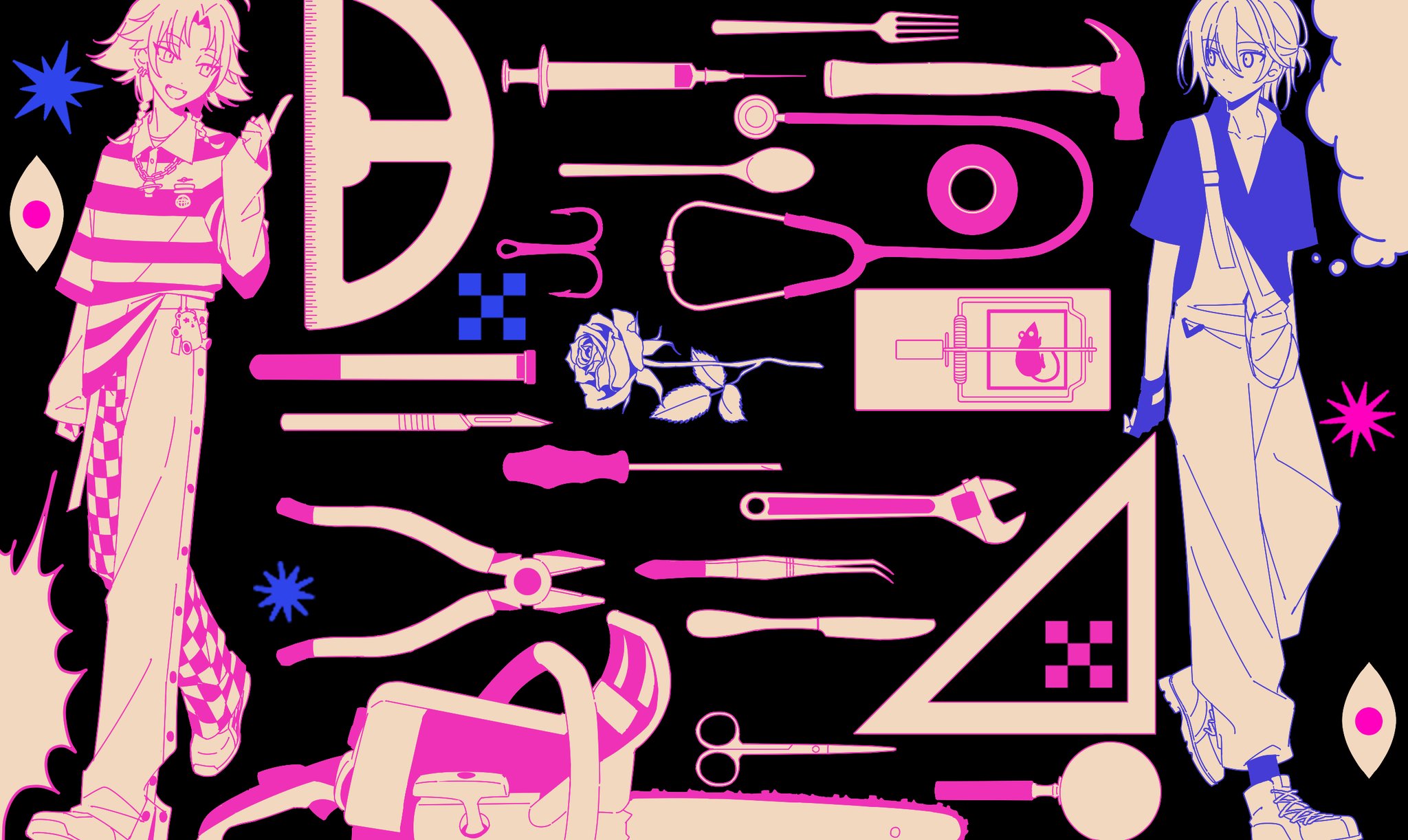 sanecooooooo, 18trip, highres, 2boys, ahoge, blank speech bubble, blue outline, braid, chain, chain earrings, chainsaw, charm (object), collared shirt, duct tape, earrings, fish hook, flower, fork, gloves, hachinoya nagi, hair between eyes, hair intakes, hammer, hand mirror, jewelry, kitchen knife, knife, long sleeves, male focus, mirror, mousetrap, multiple boys, multiple earrings, open mouth, outline, overalls, parted bangs, partially colored, patterned clothing, pink outline, planet necklace, pliers, ponytail, protractor, rose, scalpel, scissors, screwdriver, set square, shapes, shirt, shoes, short hair, short ponytail, side ponytail, smile, speech bubble, spoon, star (symbol), stethoscope, syringe, table knife, thought bubble, tweezers, twin braids, wrench, yowa netaro