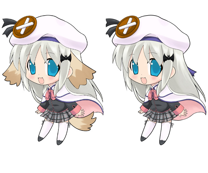 kannazuki yukito, noumi kudryavka, little busters!, 1girl, animal ears, blue eyes, bow, buttons, cape, chibi, dog ears, hat, large buttons, pink bow, plaid clothes, plaid skirt, school uniform, serafuku, skirt, tail, thighhighs, white hair, zettai ryouiki