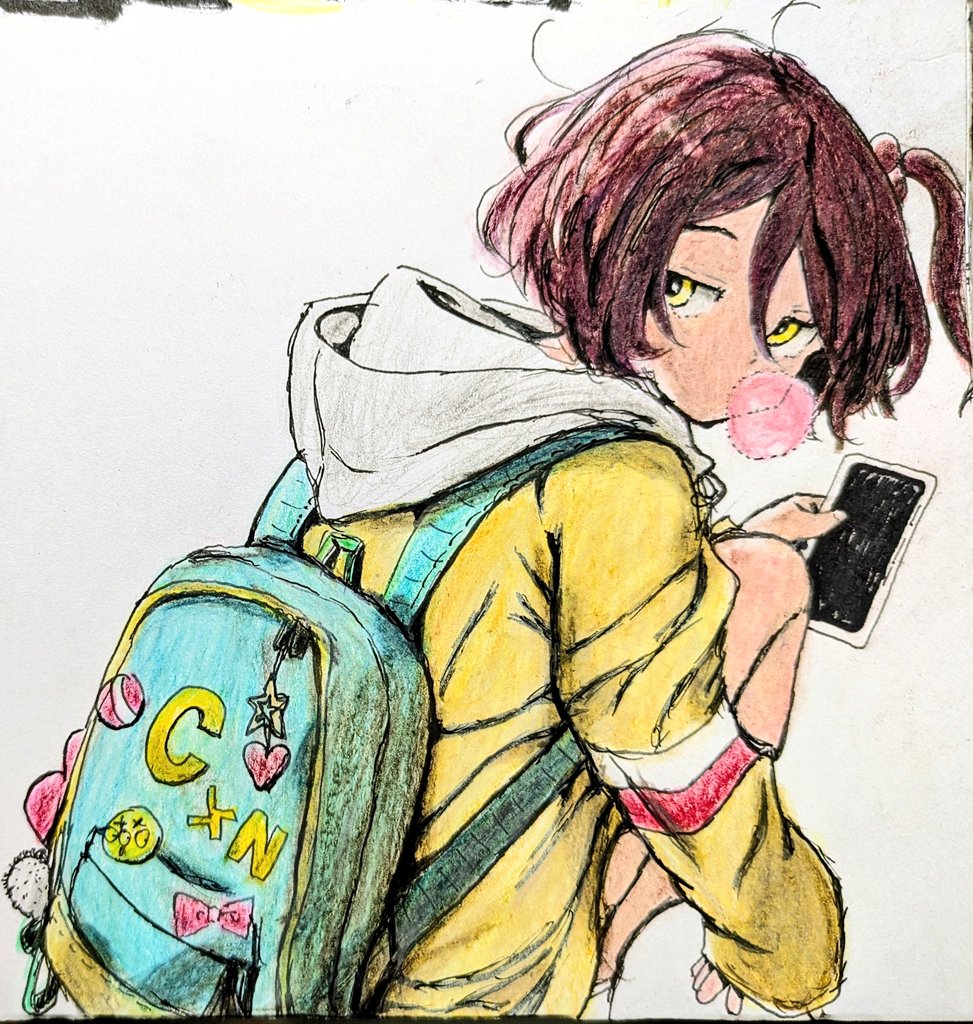 komari chika, make heroine ga oo sugiru!, traditional media, 1girl, backpack, bag, brown hair, cellphone, from behind, hair ornament, hood, italian-maestro, long sleeves, looking at viewer, looking back, one side up, phone, short hair, side ponytail, smartphone, solo, yellow eyes
