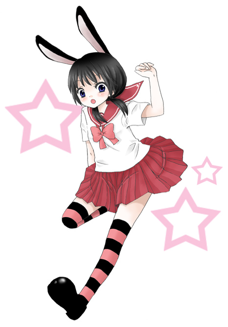 akuru, animal ears, black hair, black shoes, blue eyes, blush, kneehighs, rabbit ears, school uniform, serafuku, shoes, skirt, socks, solo, striped clothes, striped thighhighs, thighhighs