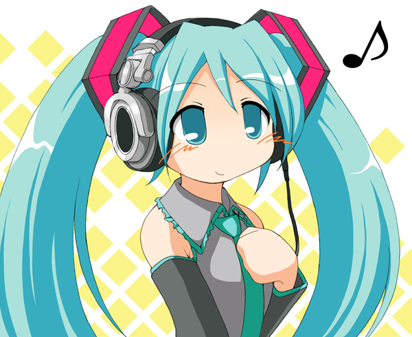 earth ekami, hatsune miku, vocaloid, detached sleeves, green eyes, green hair, headphones, long hair, necktie, solo, twintails, very long hair