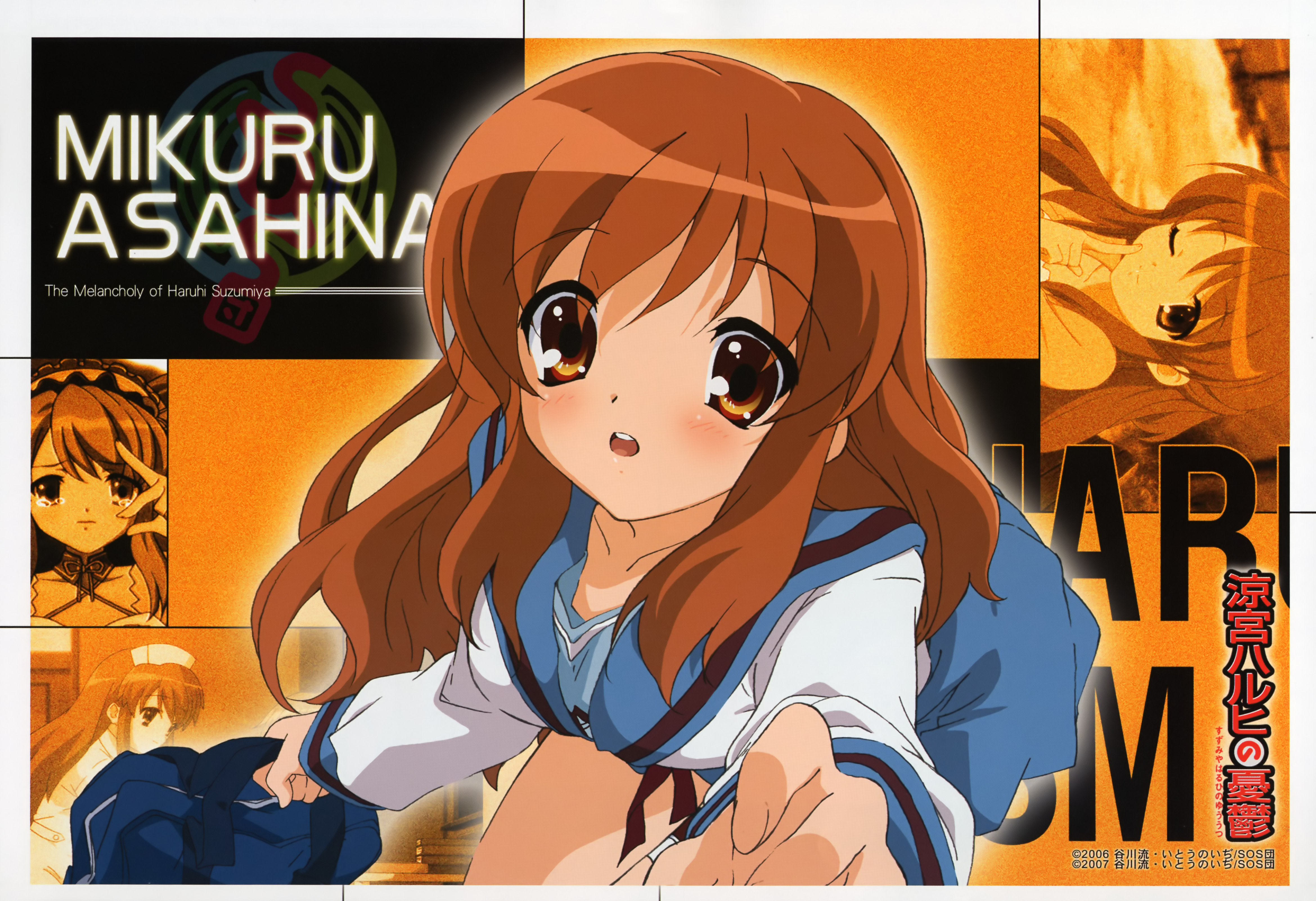 asahina mikuru, suzumiya haruhi no yuuutsu, absurdres, highres, 00s, brown hair, long hair, multiple views, school uniform, serafuku