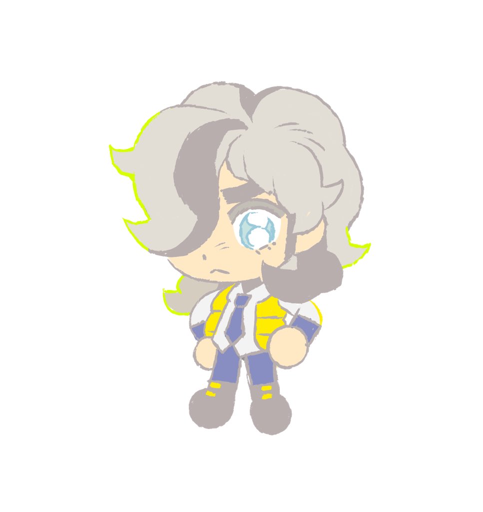 mobuoji2022, arven (pokemon), nintendo, pokemon, pokemon sv, commentary, symbol-only commentary, 1boy, boots, bright pupils, chibi, chibi only, full body, green eyes, hair over one eye, male focus, necktie, open clothes, open vest, pants, school uniform, shirt, simple background, solo, vest, white background, white pupils, yellow vest