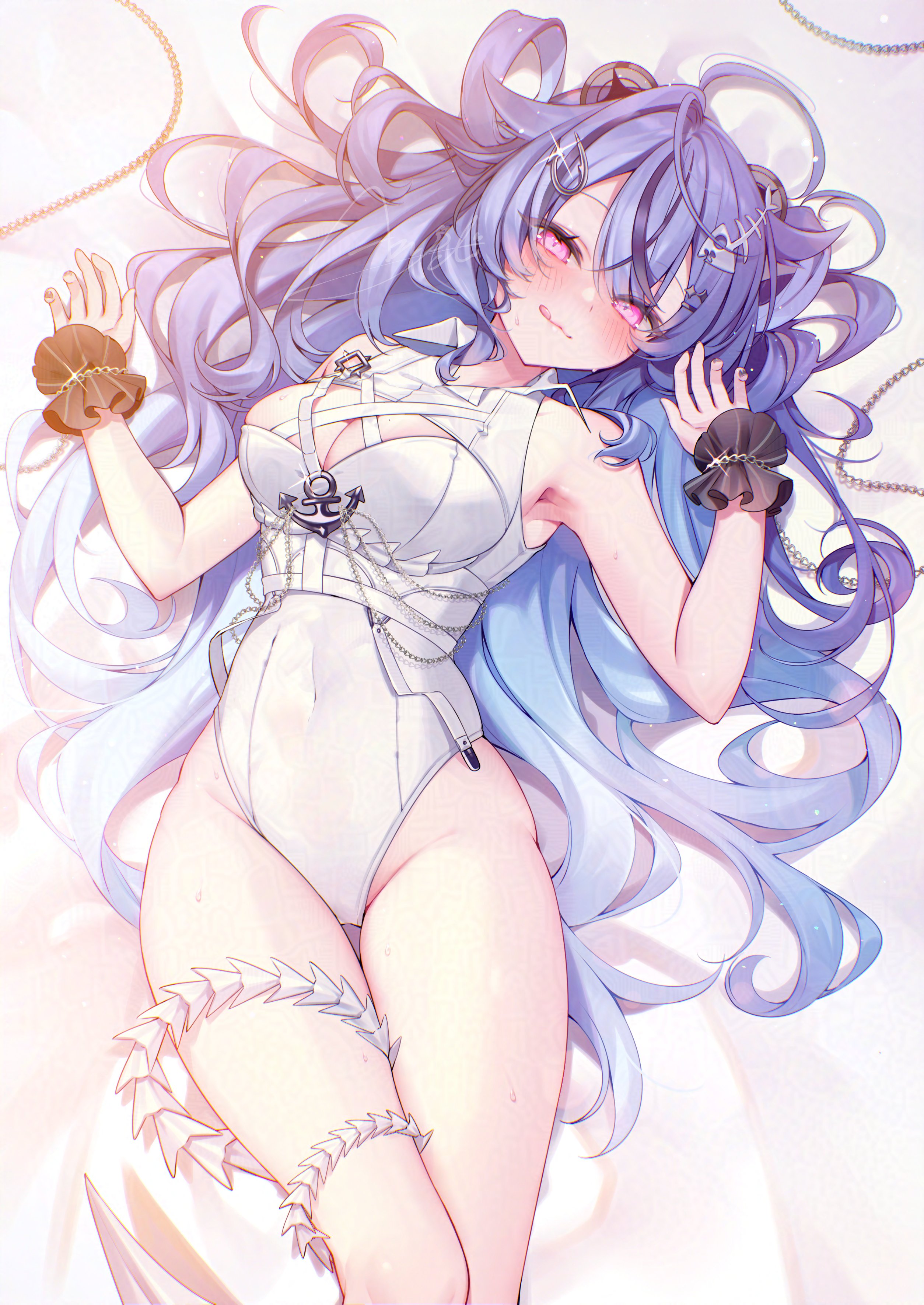 anzu 1026, sukitou luccica, noripro, absurdres, commentary request, highres, 1girl, bare shoulders, black hair, blue hair, blush, breasts, cleavage, covered navel, hair ornament, hands up, leotard, long hair, lying, medium breasts, multicolored hair, on back, pink eyes, signature, streaked hair, sweat, tail, thighs, tongue, tongue out, virtual youtuber, white leotard