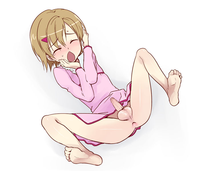 scotch (blaze), mako-chan (minami-ke), makoto (minami-ke), minami-ke, 00s, 1boy, androgynous, anus, ass, barefoot, blush, censored, crossdressing, crossdressing (mtf), dress, erection, feet, hair ornament, hairclip, male focus, mosaic censoring, penis, shota, small penis, solo, trap
