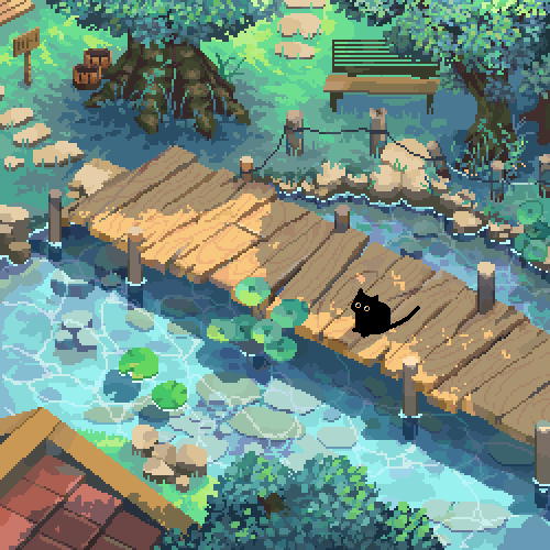 original, animated, animated gif, lowres, plant request, animal, animal focus, bench, black cat, bridge, bush, cat, day, decomposedmaw, from above, lily pad, no humans, outdoors, park, park bench, pixel art, scenery, sitting, tree, water, wind, wooden bench, wooden bridge