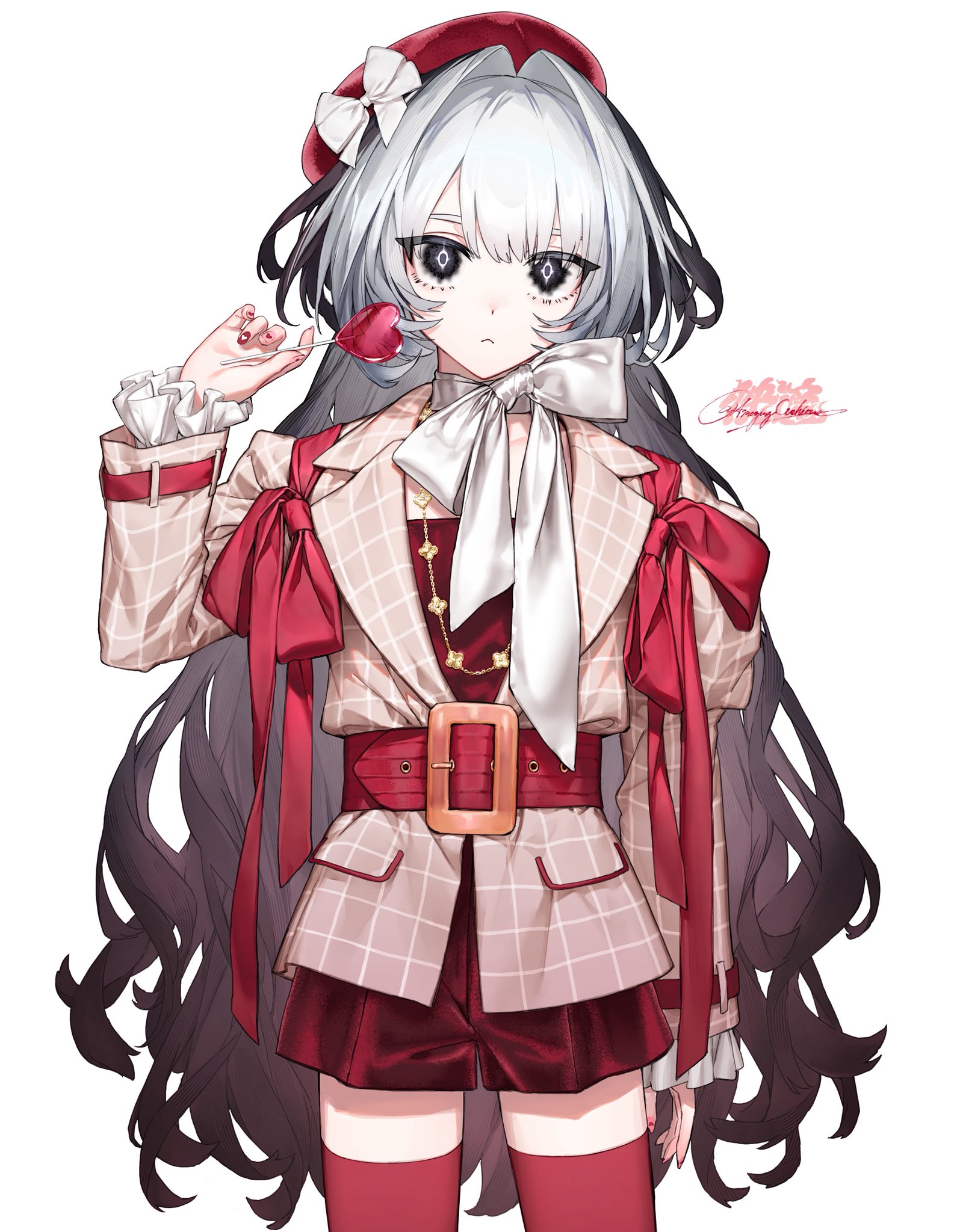 pavilionushima, character request, copyright request, highres, 1girl, belt, belt buckle, black eyes, buckle, candy, closed mouth, cowboy shot, food, frilled sleeves, frills, gradient hair, grey hair, hair between eyes, hand up, hat, hat ribbon, holding, holding candy, holding food, holding lollipop, lollipop, long hair, looking at viewer, multicolored hair, red belt, red hat, red thighhighs, ribbon, simple background, solo, thighhighs, white background, white ribbon