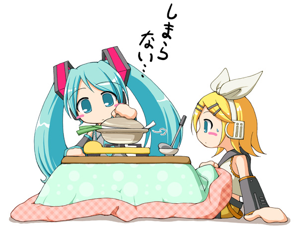 earth ekami, hatsune miku, kagamine rin, vocaloid, translated, blonde hair, detached sleeves, food, green eyes, green hair, headphones, hotpot, long hair, nabe, short hair, spring onion, twintails