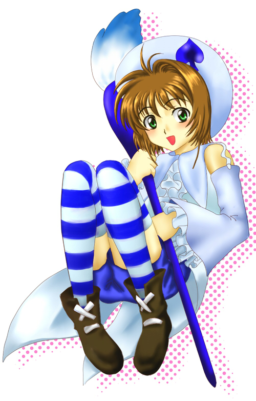 hinamori, amulet spade, hinamori amu, kinomoto sakura, cardcaptor sakura, shugo chara!, 1girl, amulet spade (cosplay), blue hat, child, cosplay, female focus, hat, hinamori amu (cosplay), magical girl, solo, spade, thighhighs