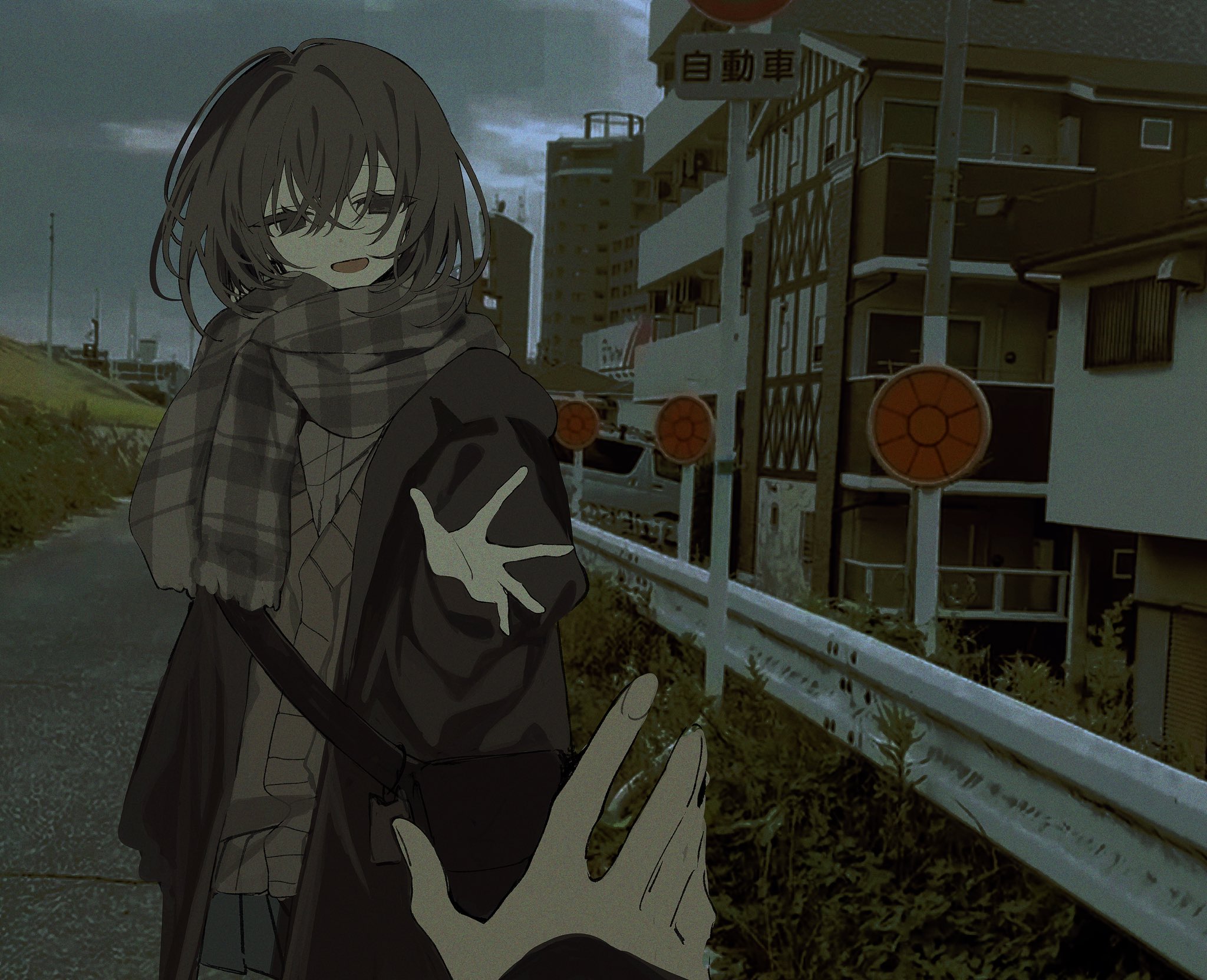 si (wooupp), original, highres, 1girl, black skirt, brown coat, brown eyes, brown hair, cloud, cloudy sky, coat, grass, hair between eyes, hair intakes, half-closed eyes, hand up, looking at viewer, open mouth, outdoors, pov, scarf, scenery, short hair, skirt, sky, smile, solo focus