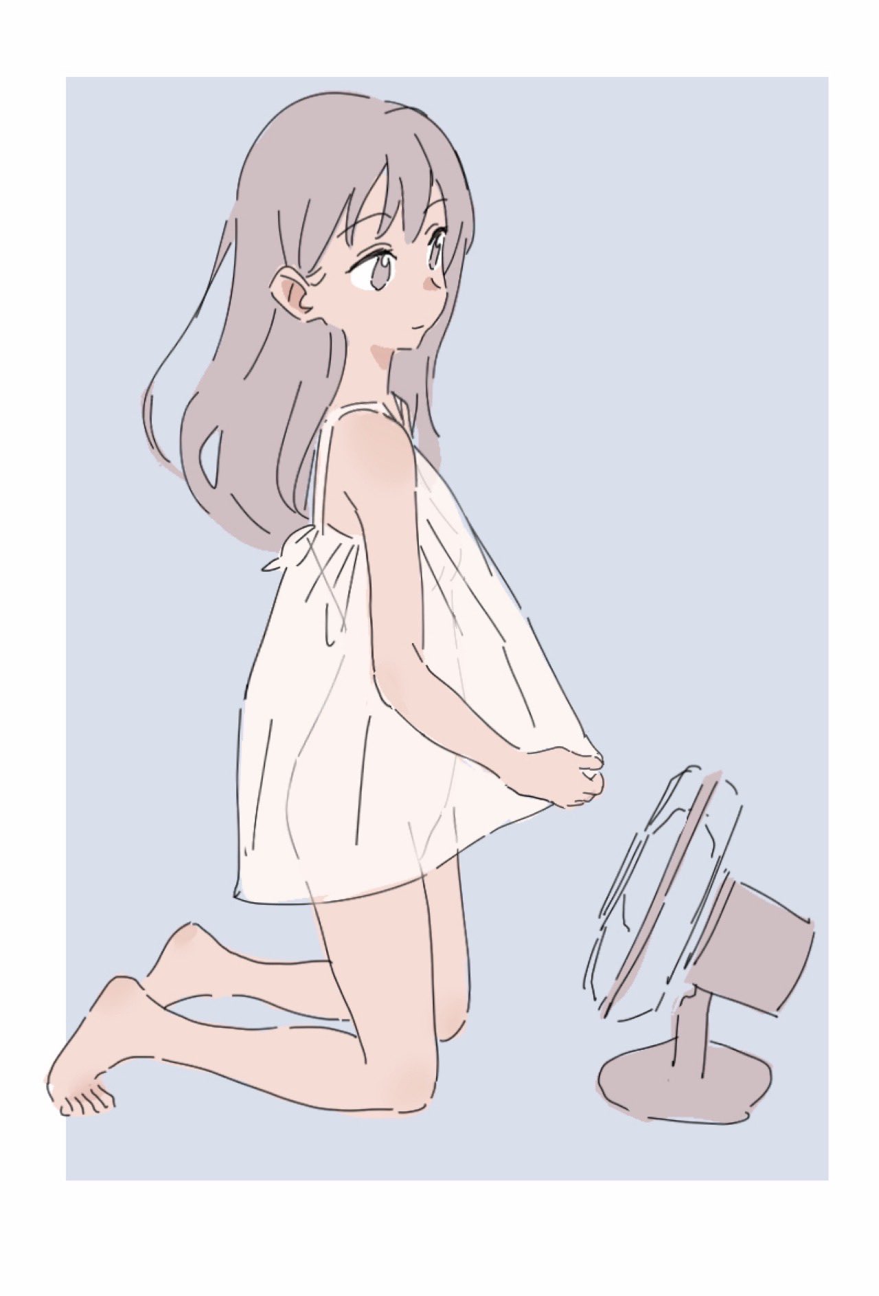 simo (user fshg3833), original, highres, 1girl, bare shoulders, barefoot, blue background, closed mouth, dress, full body, grey hair, kneeling, long hair, looking at viewer, see-through clothes, sketch, smile, solo, striped background