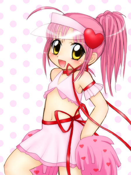 miyanii (myanie), amulet heart, hinamori amu, shugo chara!, 1girl, armband, blush, cheerleader, choker, female focus, flat chest, hands on own hips, hat, heart, long hair, magical girl, midriff, navel, pink background, pink hair, pink hat, pink shirt, pink skirt, polka dot, polka dot background, pom pom (cheerleading), ponytail, red ribbon, ribbon, shirt, skirt, sleeveless, sleeveless shirt, solo, visor cap, yellow eyes