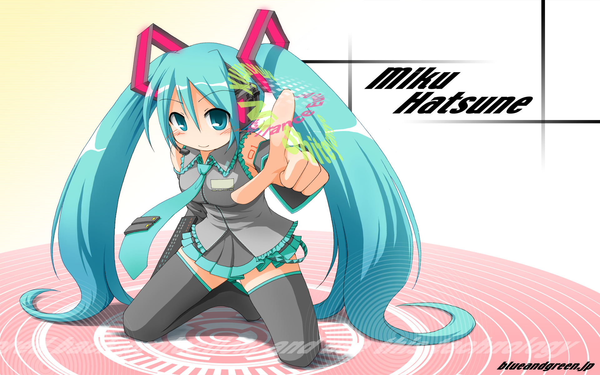 earth ekami, hatsune miku, vocaloid, highres, 1girl, detached sleeves, female focus, green eyes, green hair, headphones, long hair, matching hair/eyes, necktie, skirt, solo, thighhighs, twintails, very long hair, zettai ryouiki