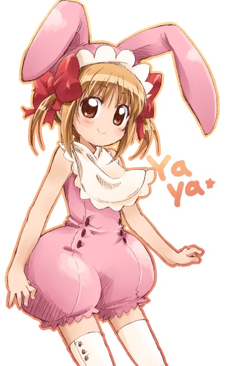 kemushi, yuiki yaya, shugo chara!, 1girl, animal ears, brown eyes, brown hair, collar, dress, female focus, frills, hair ribbon, looking at viewer, maid headdress, pink dress, rabbit ears, red ribbon, ribbon, short hair, solo, text focus, thighhighs, white thighhighs, zettai ryouiki
