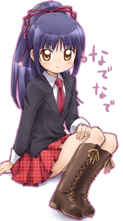 kemushi, fujisaki nadeshiko, shugo chara!, 1boy, black hair, blazer, blush, boots, brown boots, brown eyes, hairband, jacket, knee boots, lace-up boots, long hair, long sleeves, looking at viewer, male focus, miniskirt, necktie, plaid clothes, plaid skirt, pleated skirt, ponytail, red skirt, shoes, sidelocks, sitting, skirt, smile, solo, trap