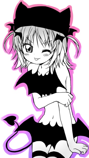 kemushi, amulet devil, hinamori amu, shugo chara!, 1girl, ;p, bat hair ornament, blush, censored, demon tail, female focus, hair ornament, hat, looking at viewer, monochrome, navel, nude, one eye closed, short hair, simple background, solo, spot color, standing, stomach, tail, thigh strap, thighhighs, tongue, tongue out, white background, wink