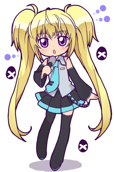 kemushi, hatsune miku, hoshina utau, shugo chara!, vocaloid, bare shoulders, blonde hair, blush, cosplay, detached sleeves, hatsune miku (cosplay), long hair, microphone, music, necktie, purple eyes, singing, skirt, solo, thighhighs, twintails, very long hair