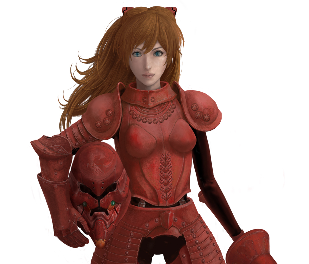 hassan, hassan (full stop), souryuu asuka langley, neon genesis evangelion, bad id, bad pixiv id, 1girl, armor, blue eyes, female focus, helmet, lance, long hair, mecha pilot suit, plugsuit (evangelion), polearm, red hair, solo, spear, weapon