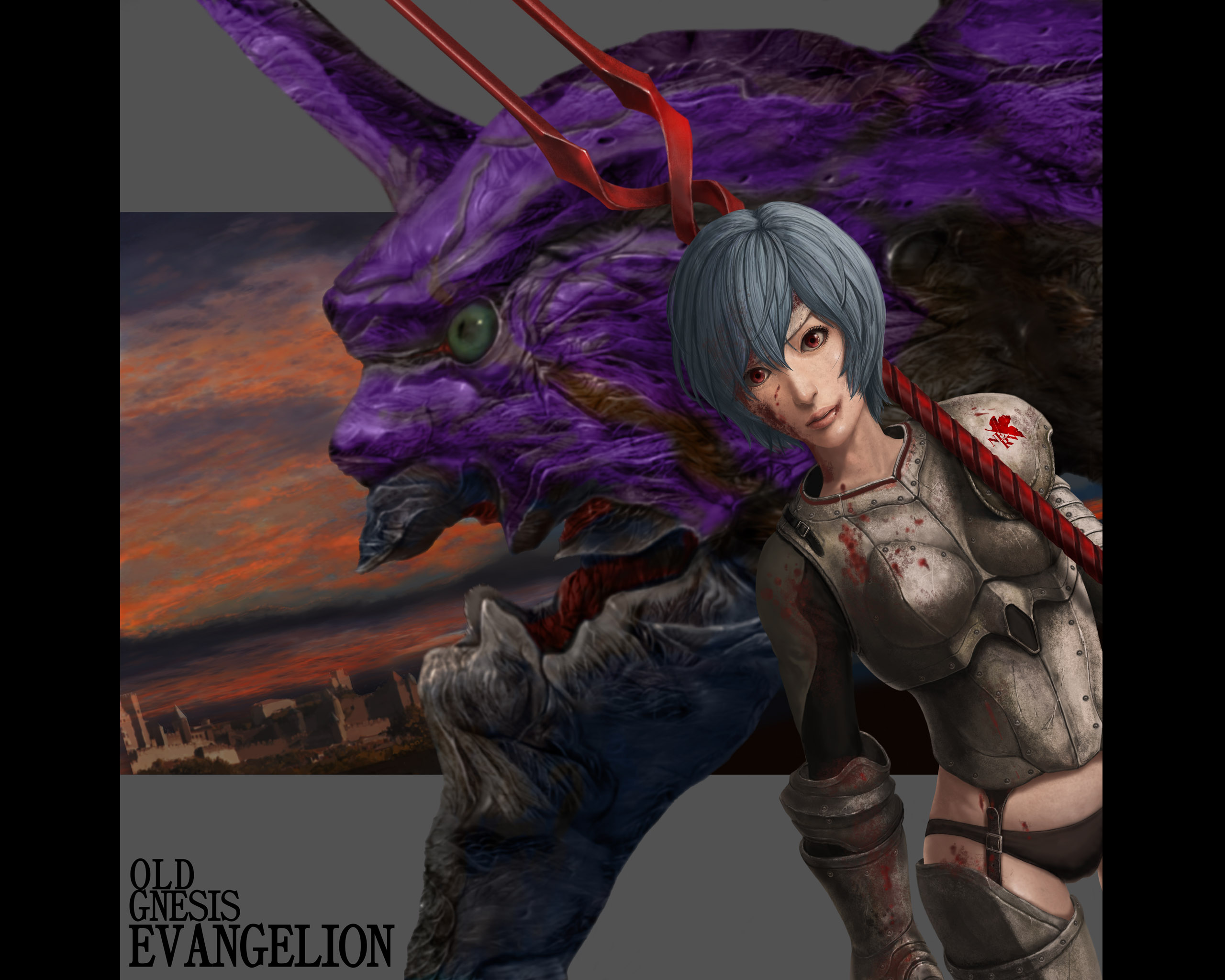 hassan, hassan (full stop), ayanami rei, eva 01, neon genesis evangelion, bad id, bad pixiv id, highres, 1girl, armor, bident, blood, blue hair, female focus, lance, lance of longinus (evangelion), mecha pilot suit, panties, plugsuit (evangelion), polearm, red eyes, short hair, solo, spear, underwear, weapon