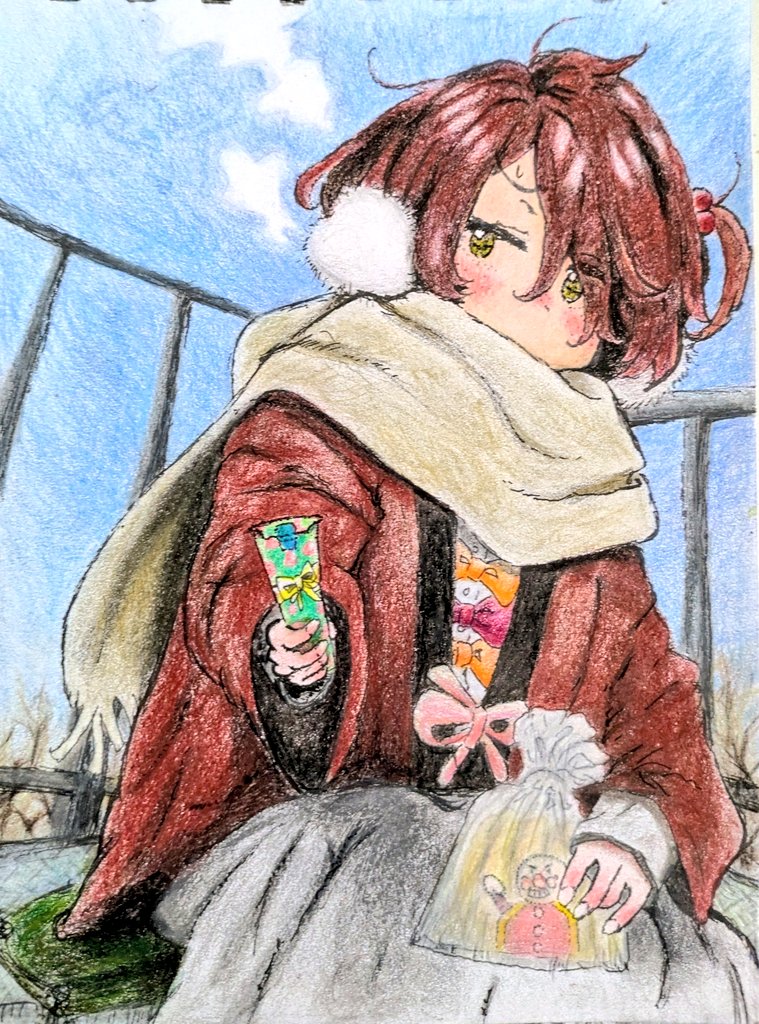 komari chika, make heroine ga oo sugiru!, traditional media, 1girl, blush, brown hair, gift, hair ornament, holding, italian-maestro, jacket, long sleeves, scarf, skirt, solo, yellow eyes