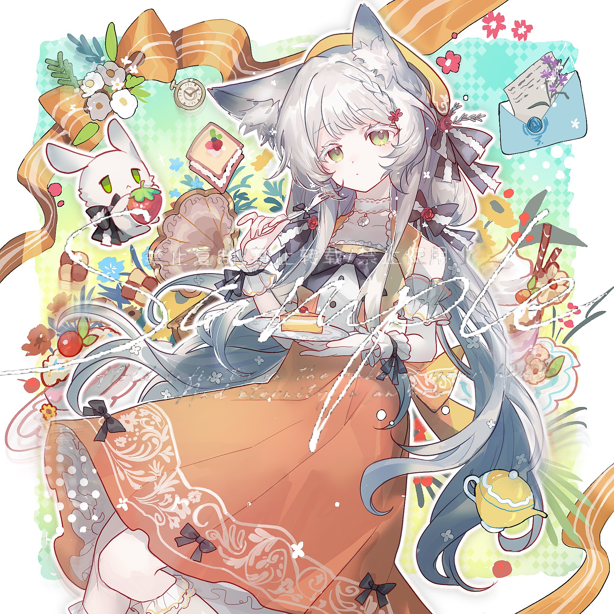 olivier42118278, rosmontis (arknights), arknights, commentary, highres, symbol-only commentary, 1girl, animal ears, cake, cat ears, cat girl, dress, flower, food, fork, fruit, green eyes, grey hair, holding, long hair, plate, solo
