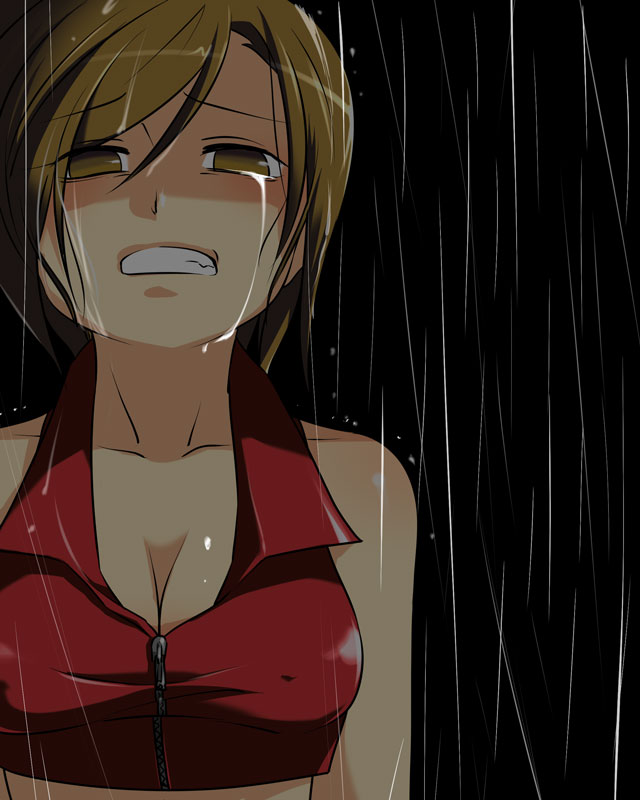 caffein, meiko (vocaloid), vocaloid, 1girl, breasts, cleavage, female focus, outdoors, rain, solo, tears