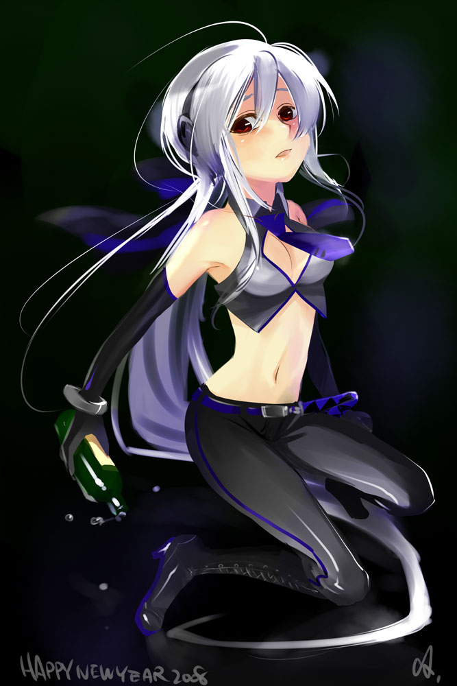 caffein, yowane haku, vocaloid, 00s, 1girl, 2008, albino, bottle, breasts, cleavage, elbow gloves, female focus, gloves, long hair, midriff, necktie, new year, red eyes, solo, white hair