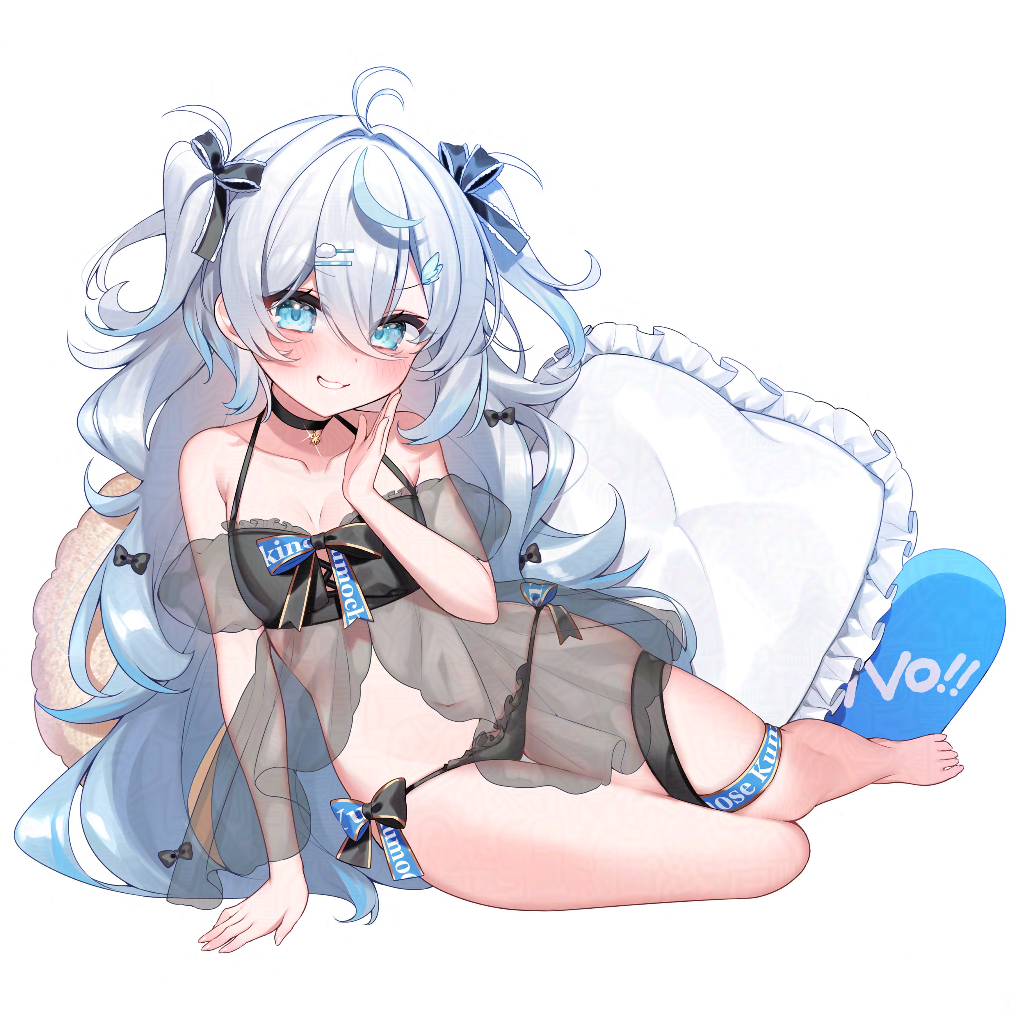 anzu 1026, yukinose kumochi, noripro, absurdres, commentary request, highres, 1girl, antenna hair, bare shoulders, barefoot, black panties, black ribbon, blue eyes, blue hair, blush, collarbone, full body, gradient hair, hair between eyes, hair ornament, hair ribbon, hand on own cheek, hand on own face, long hair, looking at viewer, multicolored hair, panties, pillow, ribbon, simple background, sitting, solo, stomach, streaked hair, teeth, thighs, two side up, underwear, virtual youtuber, white background, white hair