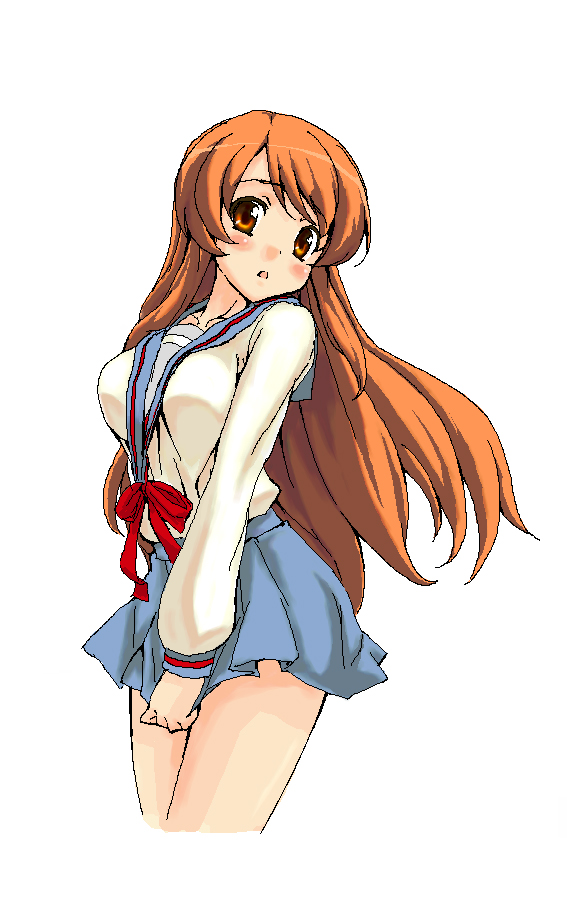 fujimoto satoru, asahina mikuru, suzumiya haruhi no yuuutsu, 00s, 1girl, breasts, female focus, oekaki, school uniform, serafuku, simple background, solo