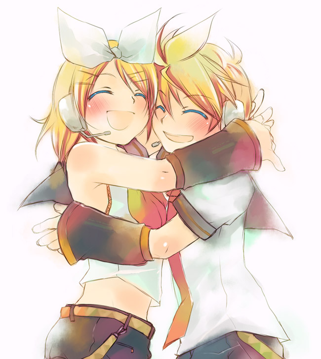 misaki kozue, kagamine len, kagamine rin, vocaloid, 1boy, 1girl, blonde hair, blush, brother and sister, closed eyes, happy, hetero, hug, open mouth, siblings, twins