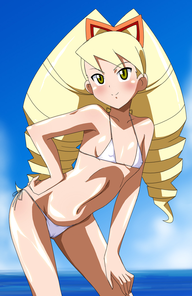 makino tomoyasu, luna platz (mega man), capcom, mega man (series), mega man star force (series), 00s, 1girl, big hair, bikini, blush, cameltoe, contrapposto, covered erect nipples, day, drill hair, female focus, flat chest, green eyes, hand on own hip, hip focus, leaning forward, long hair, side-tie bikini bottom, smile, solo, standing, string bikini, swimsuit, water, white bikini