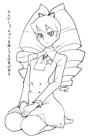 luna platz (mega man), capcom, mega man (series), mega man star force (series), lowres, 00s, 1girl, big hair, drill hair, female focus, greyscale, monochrome, pantyhose, seiza, sitting, solo