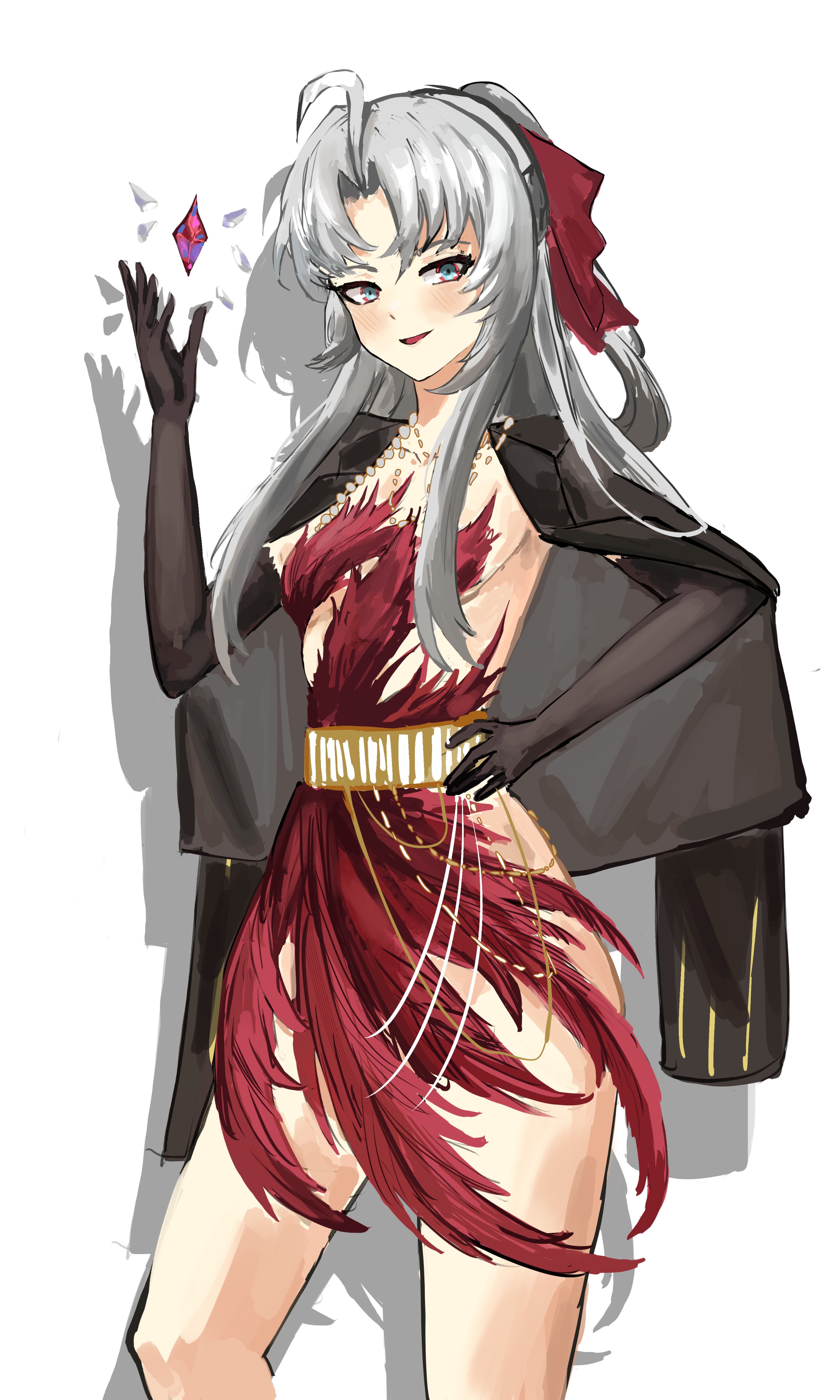 carlotta (wuthering waves), wuthering waves, absurdres, commentary, highres, 1girl, ahoge, alternate costume, aqua eyes, black gloves, black jacket, blush, bow, breasts, cowboy shot, crystal, dress, elbow gloves, gloves, hair bow, hand on own hip, hand up, jacket, jacket on shoulders, jewelry, looking at viewer, medium breasts, mizutamarii, necklace, parted bangs, pink bow, red dress, shadow, simple background, smile, solo, white background
