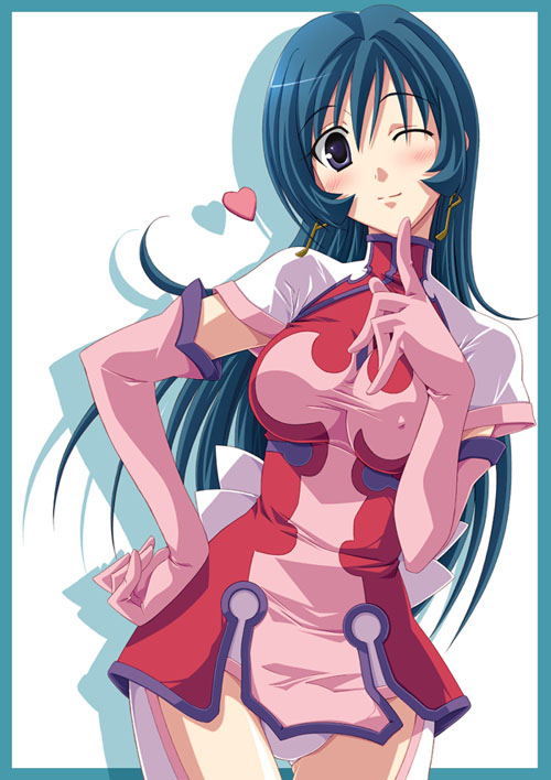 izumi mahiru, kotona elegance, zoids, zoids genesis, 00s, 1girl, black hair, blush, breasts, covered erect nipples, dress, elbow gloves, female focus, gloves, hand on own hip, heart, large breasts, long hair, looking at viewer, one eye closed, panties, pantyshot, pink gloves, purple eyes, shirt, short dress, solo, taut clothes, taut shirt, underwear, very long hair, wink