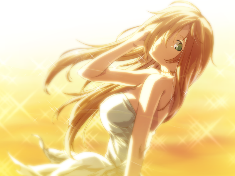 g yuusuke, marie, marie (dies irae), dies irae, shinza bansho series, game cg, 10s, 1girl, blonde hair, breasts, dress, female focus, green eyes, hair over one eye, large breasts, long hair, scar, scar on neck, solo, sunlight