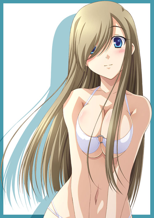 izumi mahiru, tear grants, tales of (series), tales of the abyss, 00s, 1girl, bikini, blue eyes, blush, breasts, breasts squeezed together, brown hair, cleavage, female focus, hair over one eye, large breasts, long hair, shadow, solo, swimsuit, underboob, white bikini