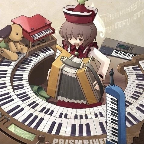 sakura (medilore), lyrica prismriver, touhou, lowres, 1girl, accordion, beamed quavers, brown eyes, brown hair, crotchet rest, dog, female focus, hat, instrument, keyboard, keyboard (instrument), melodica, music, musical note, musical staff, piano, short hair, solo, toy