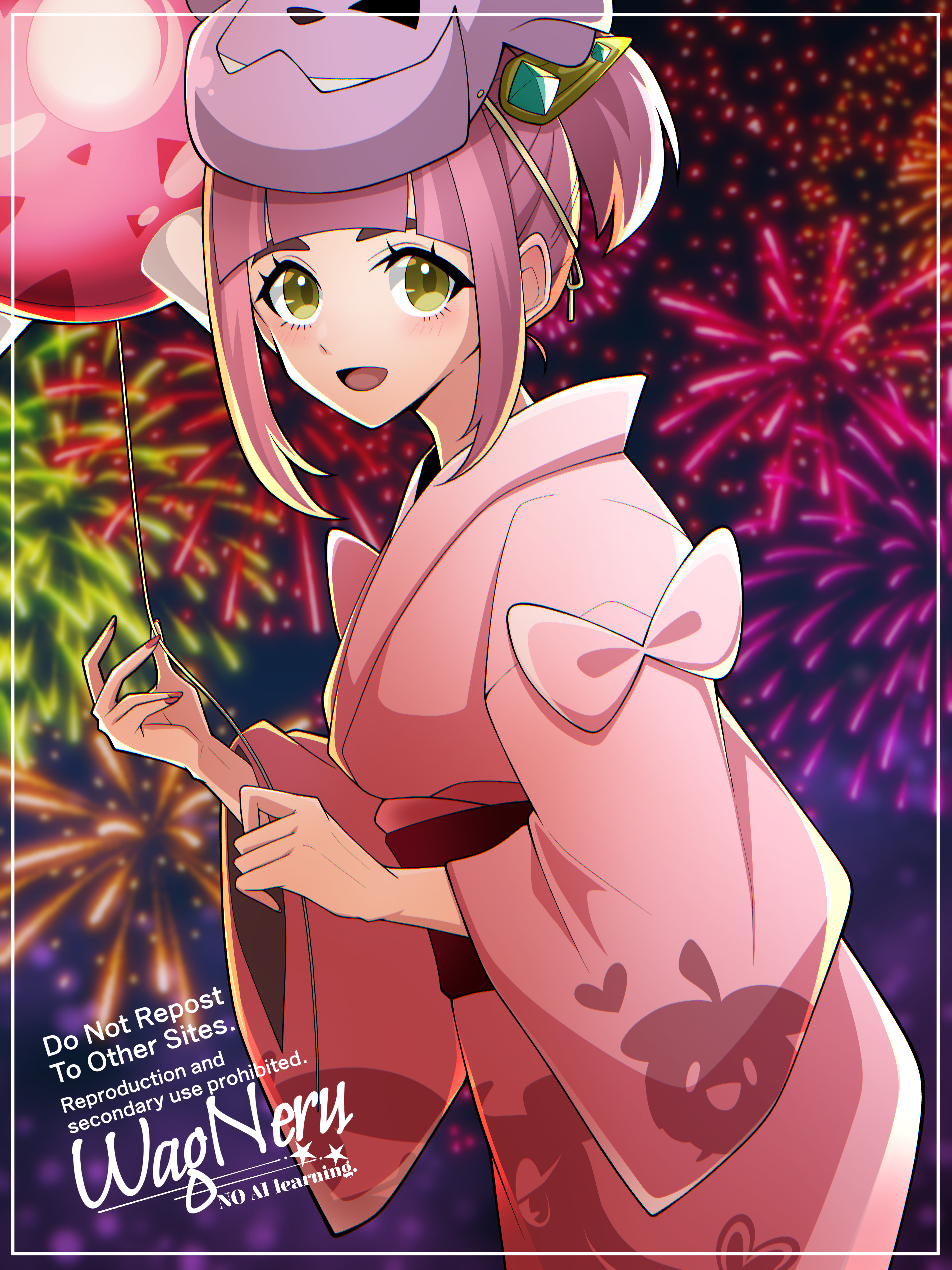 wagu neru, granbull, lacey (pokemon), minior, nintendo, pokemon, pokemon sv, absurdres, commentary request, highres, 1girl, :d, aerial fireworks, arched bangs, balloon, character mask, eyelashes, fireworks, from side, gen 2 pokemon, gen 7 pokemon, hair ornament, holding, japanese clothes, kimono, looking to the side, mask, mask on head, night, open mouth, outdoors, pink kimono, print kimono, purple hair, red sash, sash, sky, smile, solo, tongue, watermark, yellow eyes, yukata