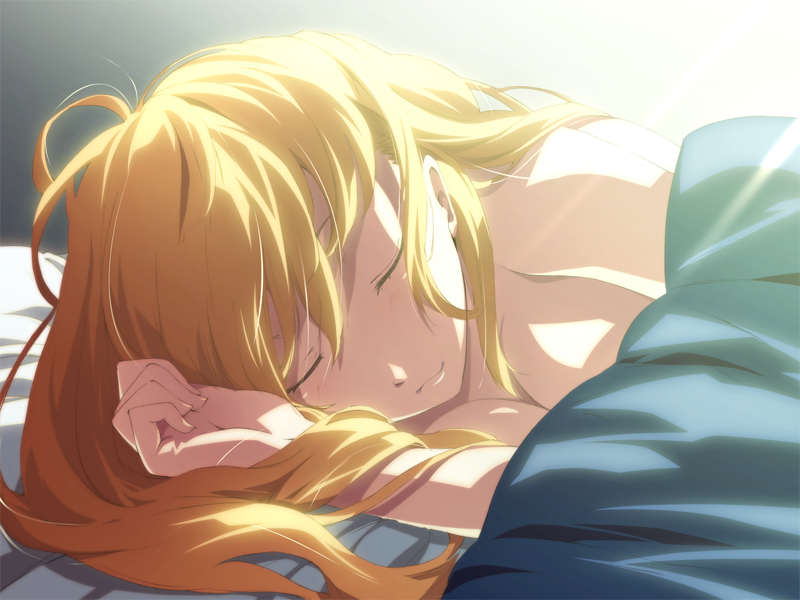 g yuusuke, marie (dies irae), dies irae, shinza bansho series, game cg, 10s, 1girl, bed, blonde hair, breasts, cleavage, closed eyes, female focus, long hair, lying, on side, sleeping, smile, solo