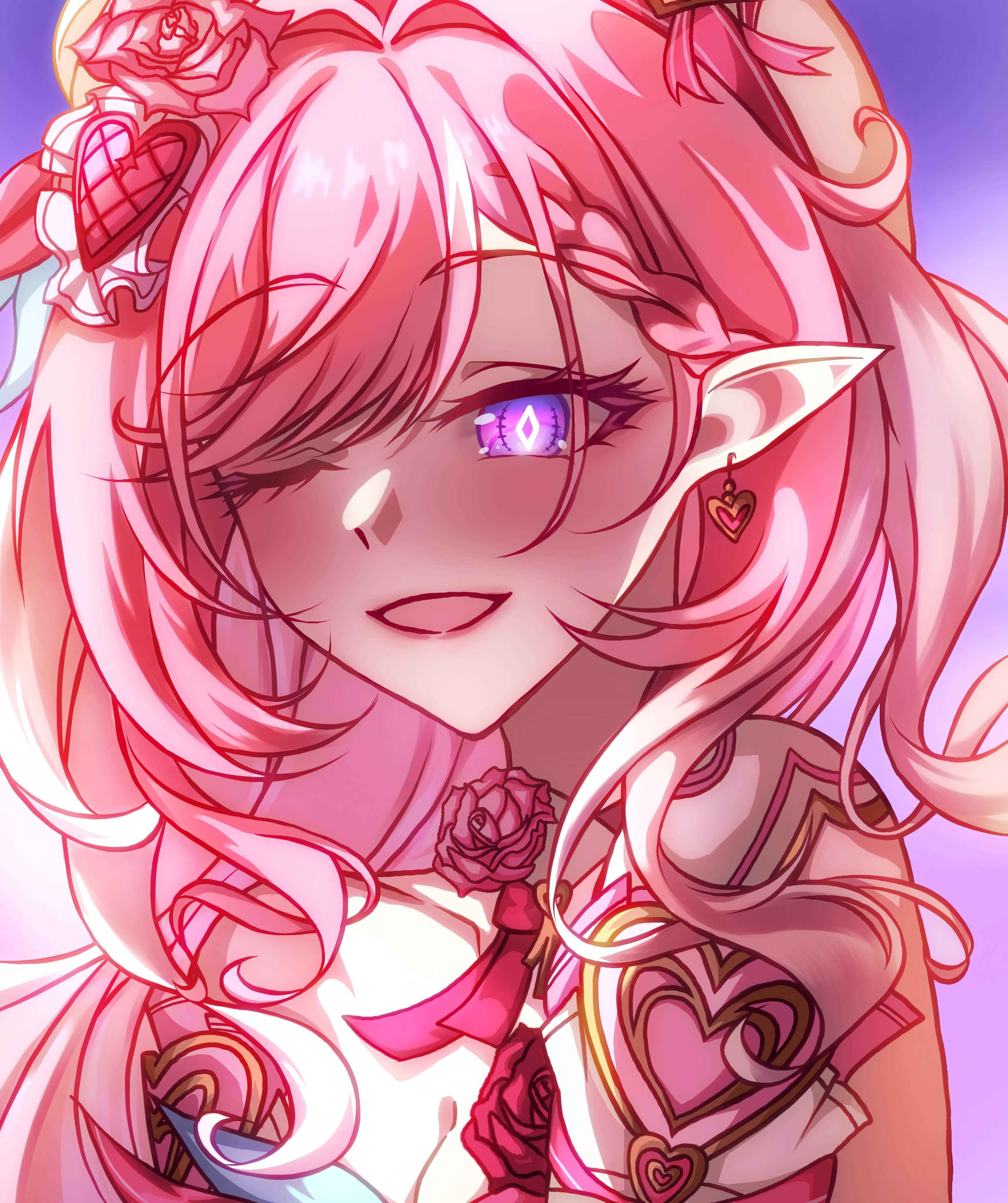 elysia (honkai impact), honkai (series), honkai impact 3rd, absurdres, commentary, english commentary, highres, revision, 1girl, ;o, breasts, cleavage, diamond-shaped pupils, diamond (shape), earrings, elysium1nyou, hat, heart, heart earrings, jewelry, large breasts, long hair, one eye closed, pink hair, purple eyes, solo, symbol-shaped pupils, upper body, very long hair, white hat