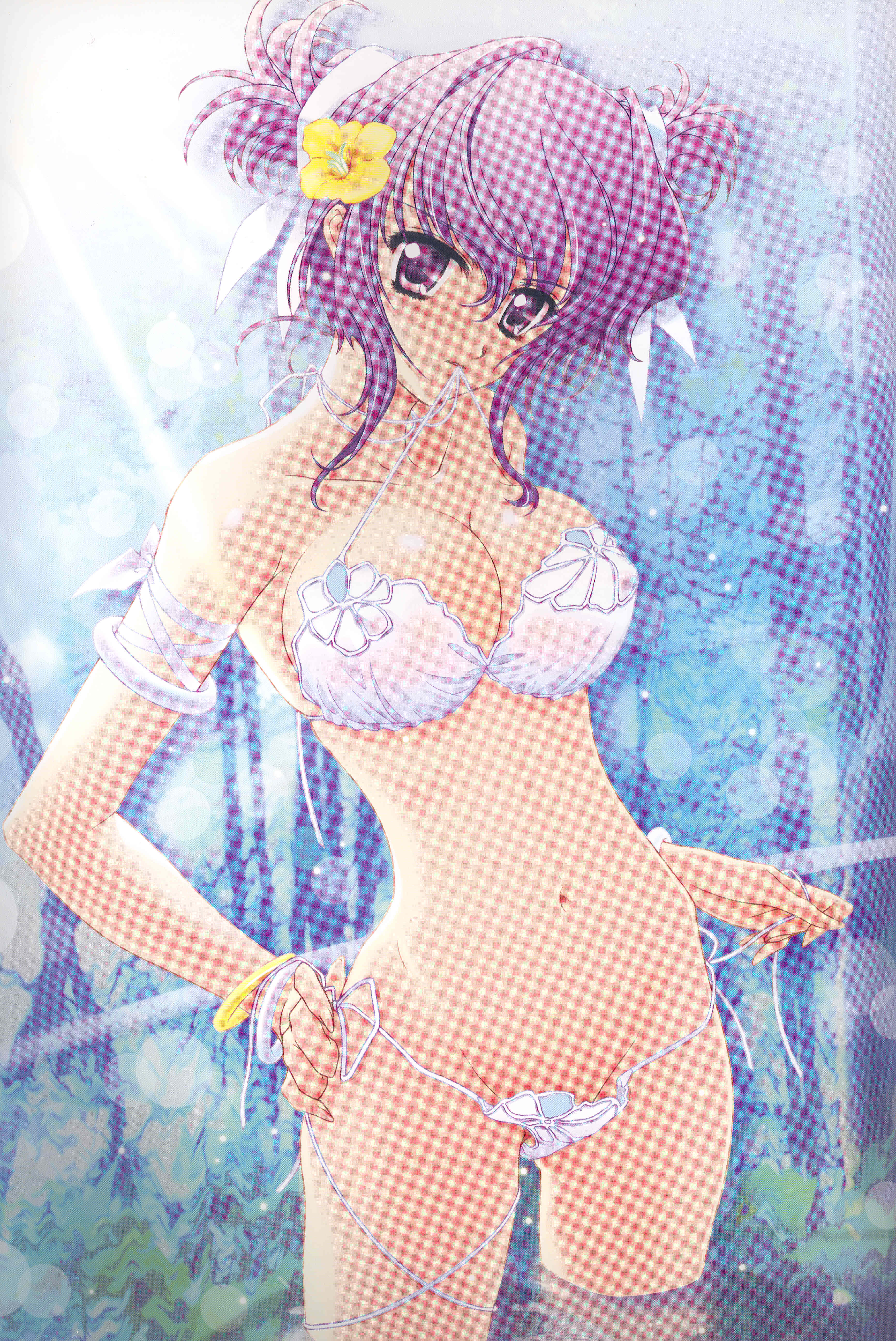 carnelian, sugiyama genshou, zero (ne~pon? x rai pon!), absurdres, highres, scan, 1girl, bikini, bra, bracelet, breasts, cleavage, flower, hair ribbon, hip focus, jewelry, large breasts, lingerie, midriff, mouth hold, panties, purple eyes, purple hair, ribbon, see-through clothes, side-tie bikini bottom, side-tie panties, standing, sunlight, swimsuit, underwear, undressing, water, white bikini