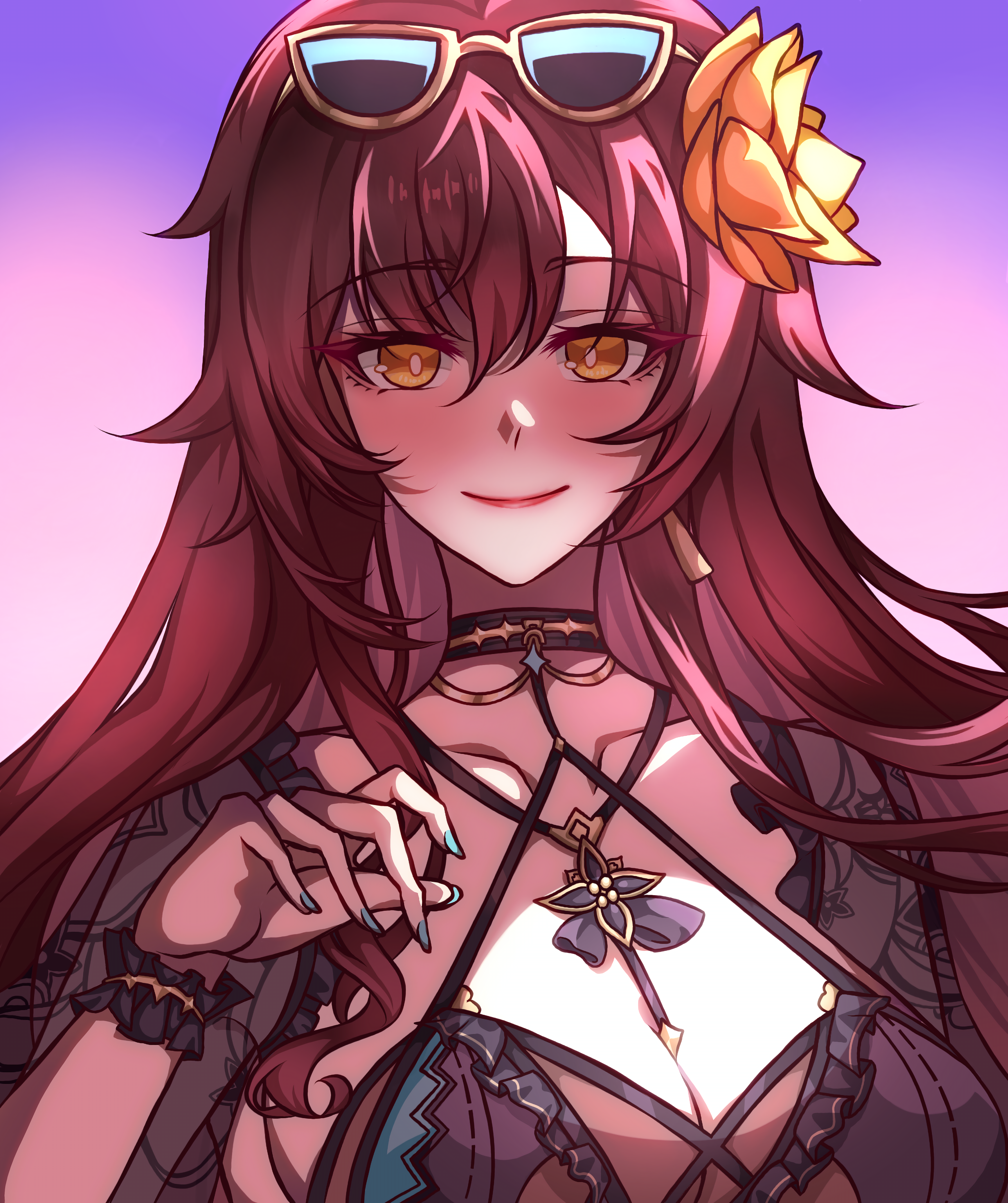 eden (flowing rhyme) (honkai impact), eden (honkai impact), honkai (series), honkai impact 3rd, absurdres, commentary, english commentary, highres, 1girl, blue nails, blush, breasts, brown hair, cleavage, closed mouth, collarbone, elysium1nyou, eyewear on head, fingernails, flower, hair flower, hair ornament, hand up, large breasts, long fingernails, long hair, looking at viewer, official alternate costume, purple background, smile, solo, sunglasses, upper body, yellow eyes, yellow flower