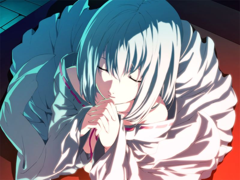 g yuusuke, himuro rea, dies irae, shinza bansho series, silver hair, game cg, 10s, 1girl, closed eyes, female focus, own hands clasped, own hands together, praying, robe, short hair, solo